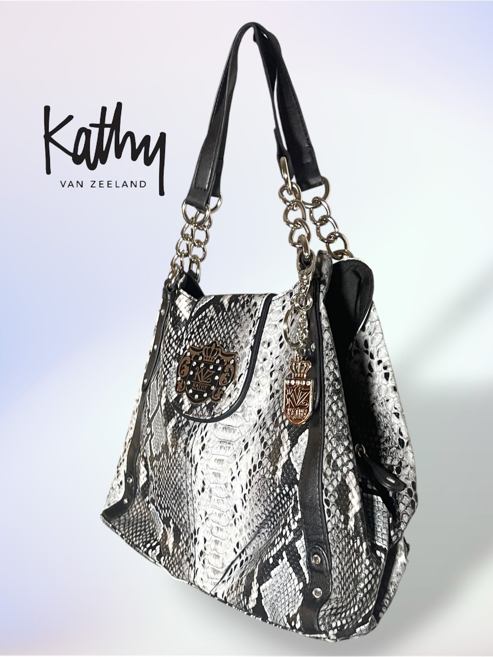 Kathy Van Zeeland Y2K Faux Snakeskin Shoulder Bag – Silver Crown Bling & Charms